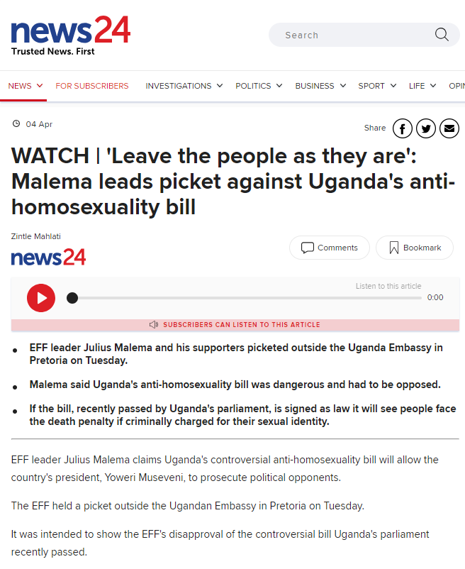 Malema against Uganda anti homo bill... news24 Malema against Uganda anti homo bill... news24